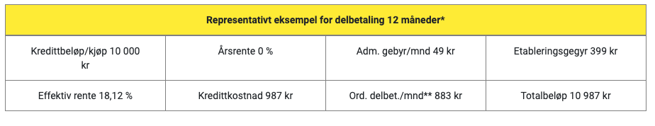 Representativt eksempel for delbetaling 12 måneder*